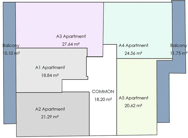 Concept area key of the MVR 19 first floor: studios A1 to A5 and balconies