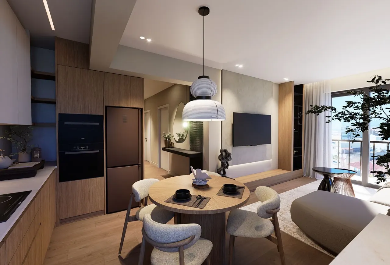 Concept render of a furnished studio with kitchenette and living area